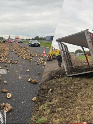Drama op de A59: suikerbietenwagen in sloot bij Fijnaart
