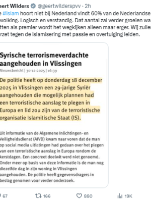 Geert Wilders woest na aanhouding syrische terreurverdachte: ‘islamisering neemt toe’